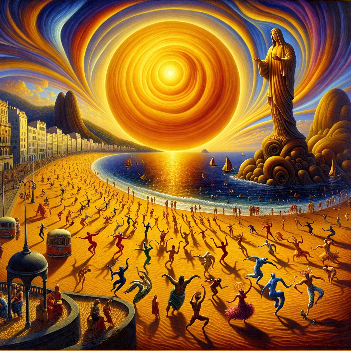 The primary subject of the image is a large crowd of people walking on a beach. The setting is a sandy beach with a beautiful sunset in the background. The visual style is a painting, which creates a vibrant and lively atmosphere. The colors and mood of the painting are warm and inviting, with the sunset casting a golden glow over the scene.